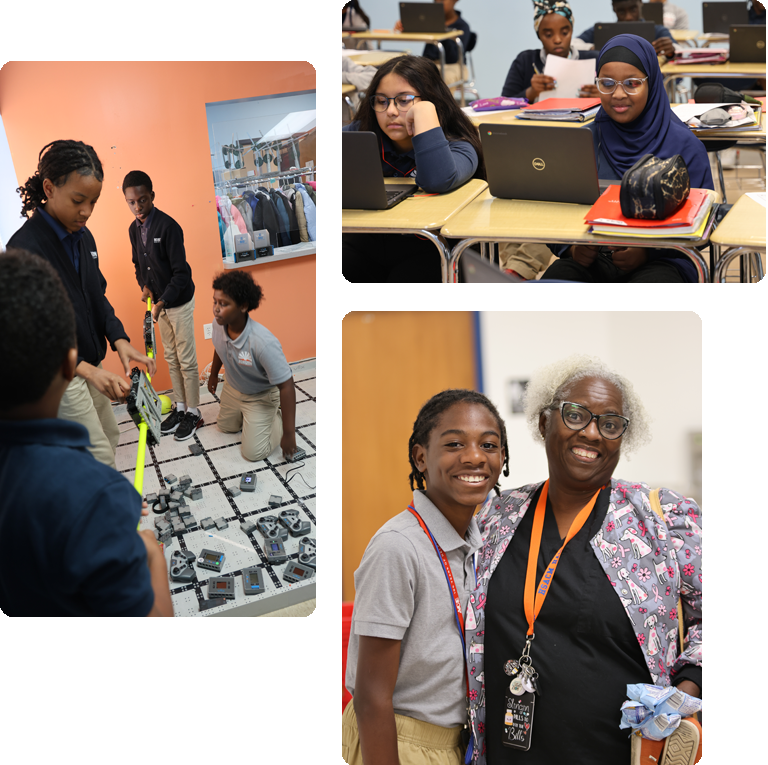 Students engaged in learning and interacting in a classroom collage