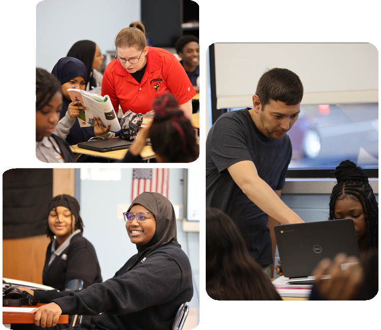 Collage showcasing various student activities including academics, science, and hands-on projects.